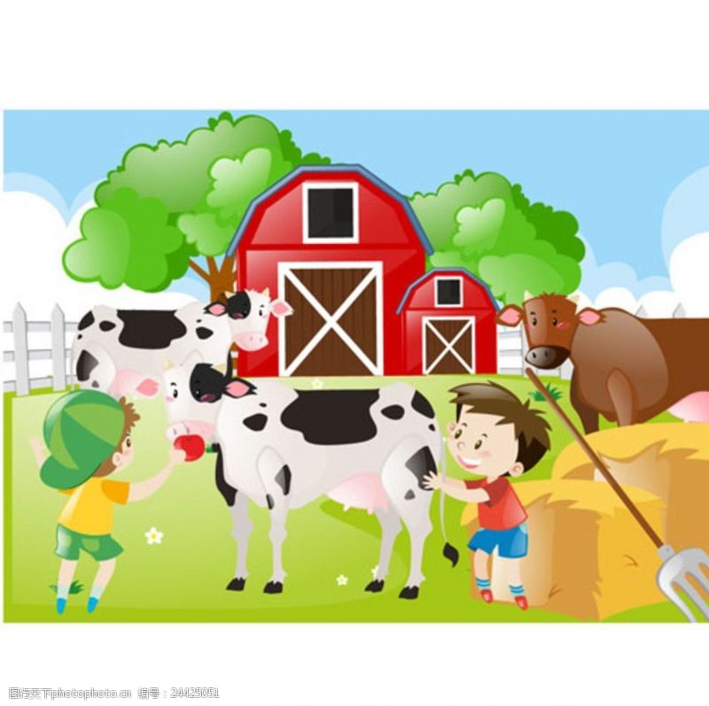 乐园宣传单卡通儿童节喂奶牛的孩子