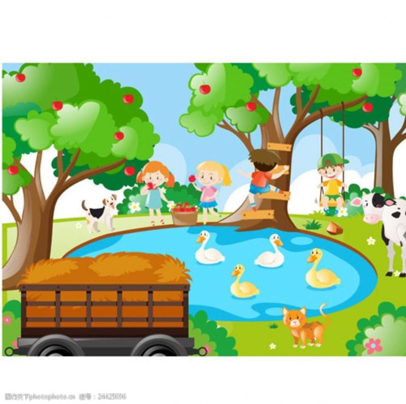 儿童节展版卡通儿童节在池塘边的孩子