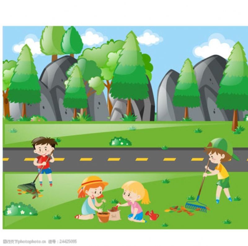 乐园宣传单卡通儿童节在公园劳动的孩子