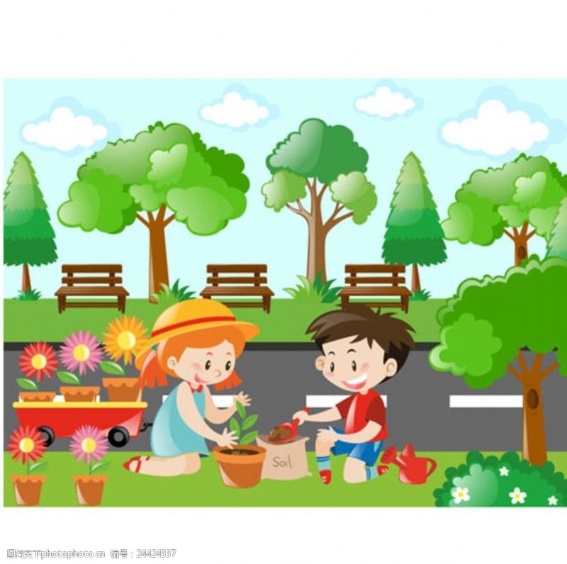 乐园宣传单卡通儿童节在公园种花的孩子