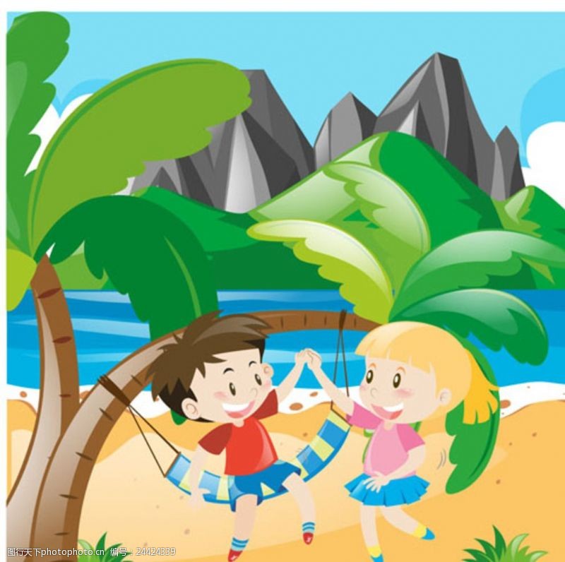 乐园宣传单卡通儿童节在沙滩玩耍的孩子