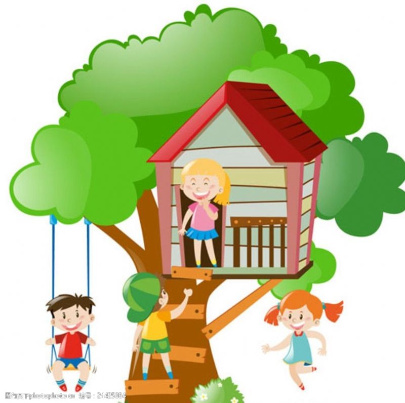 乐园宣传单卡通儿童节在树屋下玩耍的孩子