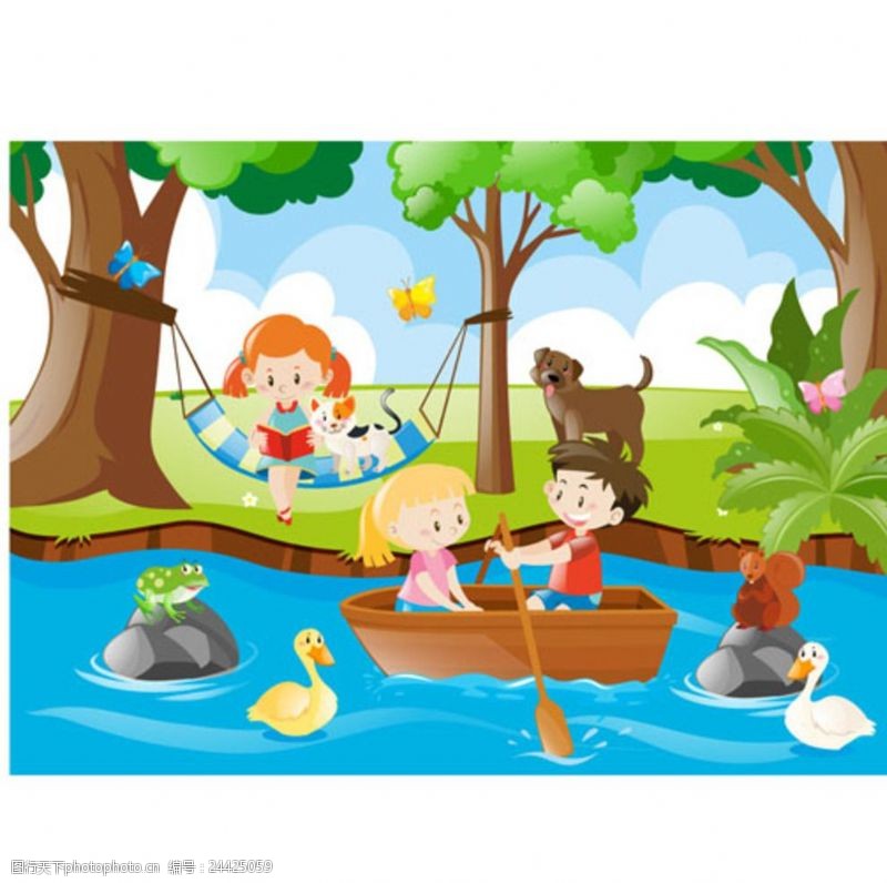 乐园宣传单卡通儿童节在小河划船的孩子