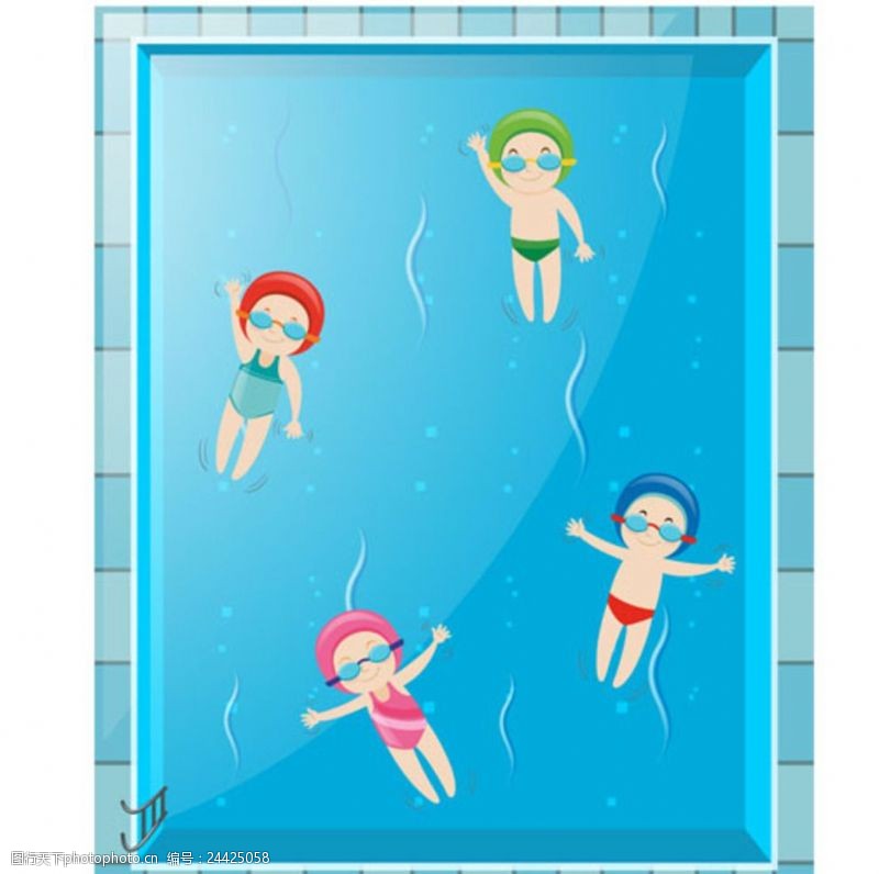 乐园宣传单卡通儿童节在泳池游泳的孩子