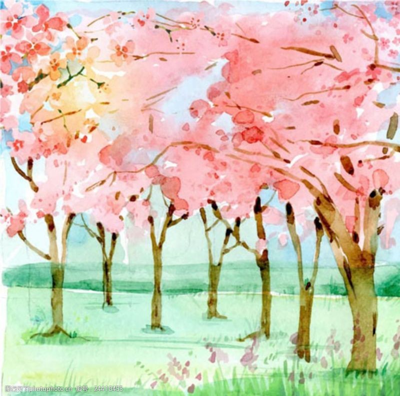 手绘水彩春季樱花林