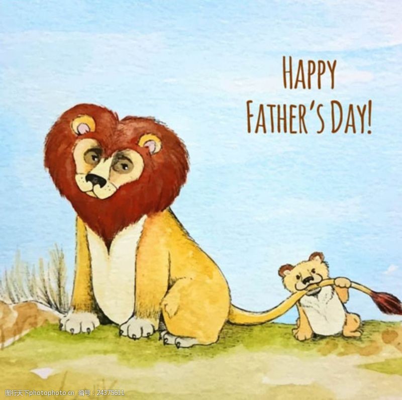 父子父亲节手绘水彩狮子背景