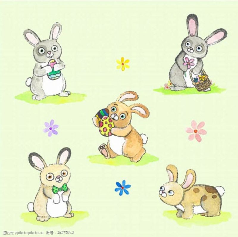 兔子蛋五只手绘水彩复活节兔子