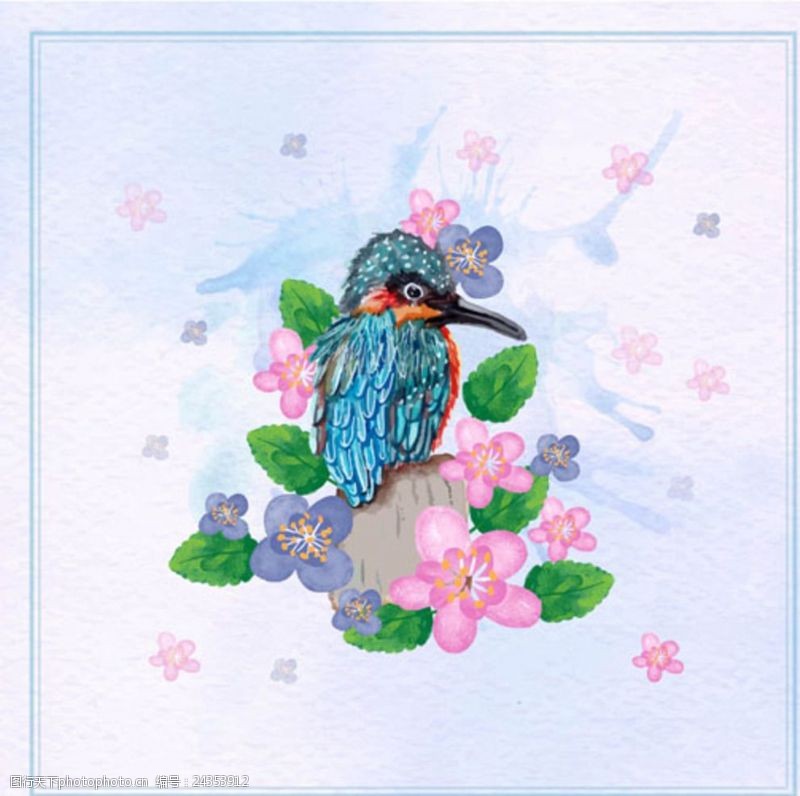 春季新款手绘水彩春季花鸟插图