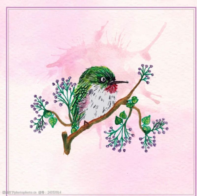 春季新款手绘水彩春季绿色花鸟