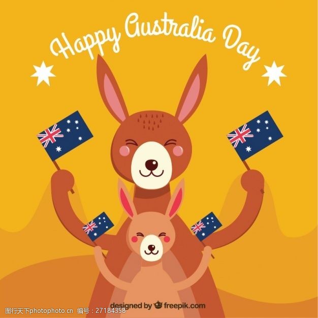 澳大利亚国旗快乐的澳大利亚日面带微笑的袋鼠拿着旗子