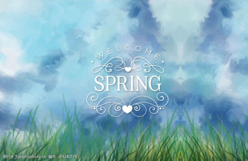 春季新款手绘春季蓝天下的草丛
