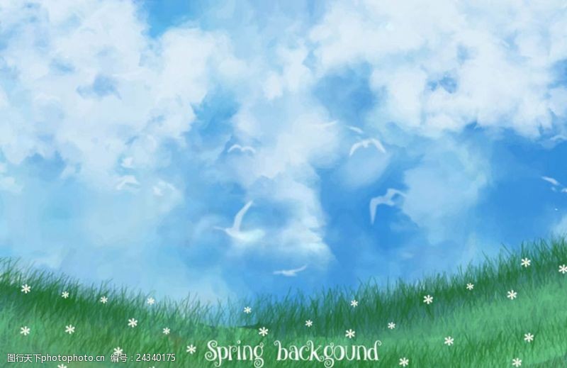 春季新款手绘春季蓝天下的草地