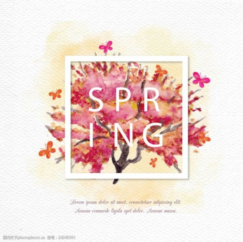春季新款手绘水彩春季蝴蝶树木框架
