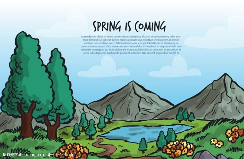 春季新款手绘水彩春季山谷风景