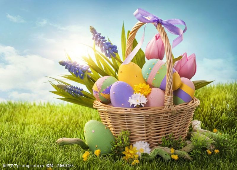 复活草草地上的彩蛋篮子图片