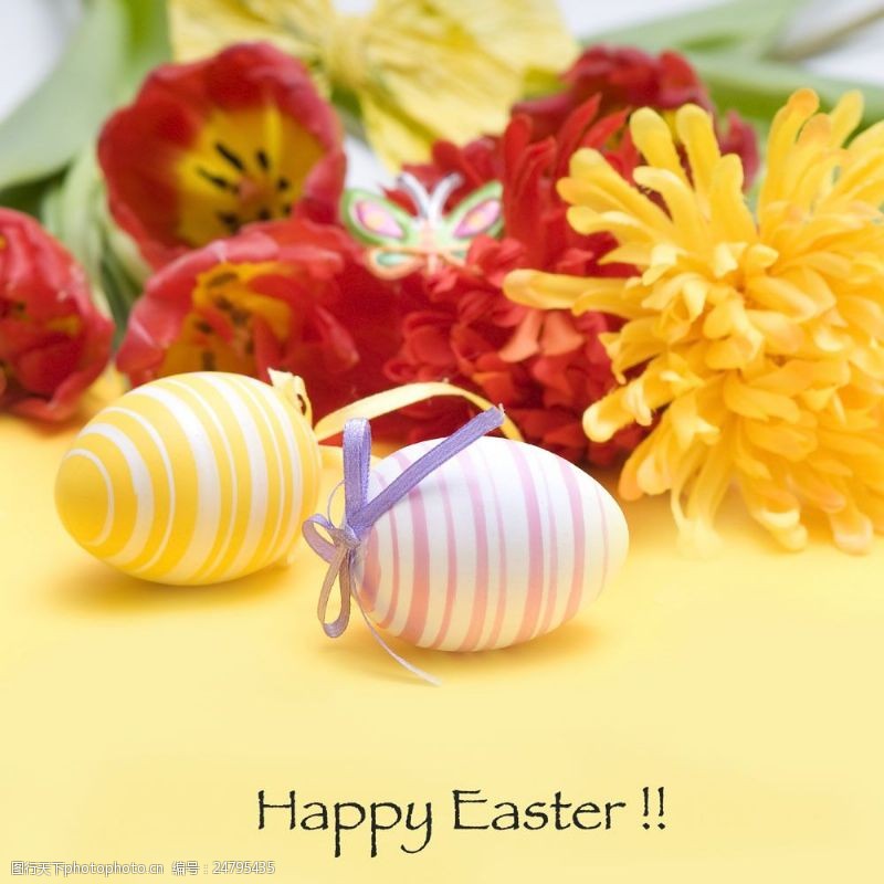 复活草复活节彩蛋与鲜花图片