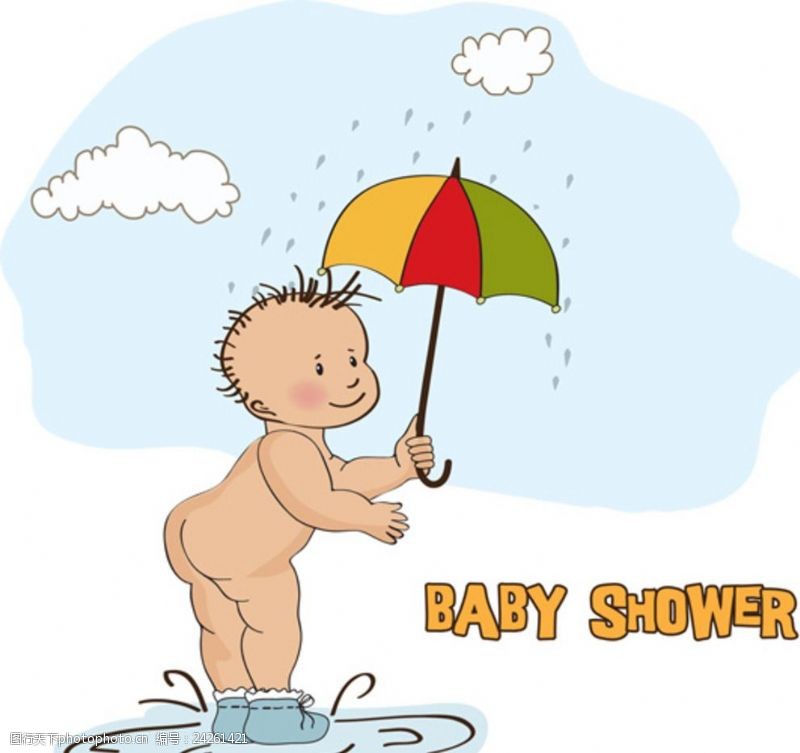 乐园宣传单卡通打着雨伞玩水的宝宝