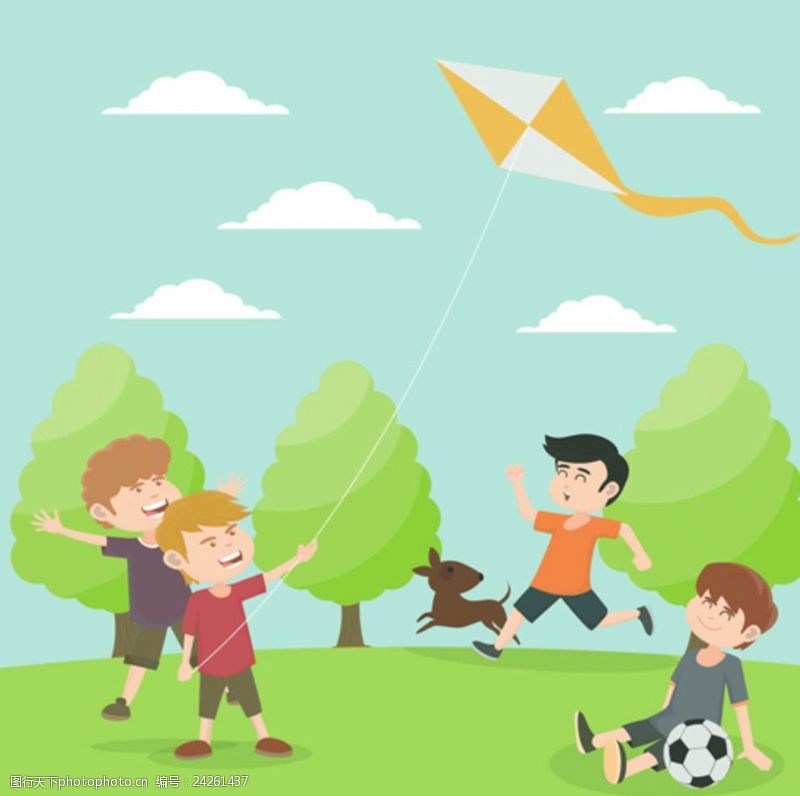 乐园宣传单卡通儿童节在草坪玩耍的孩子