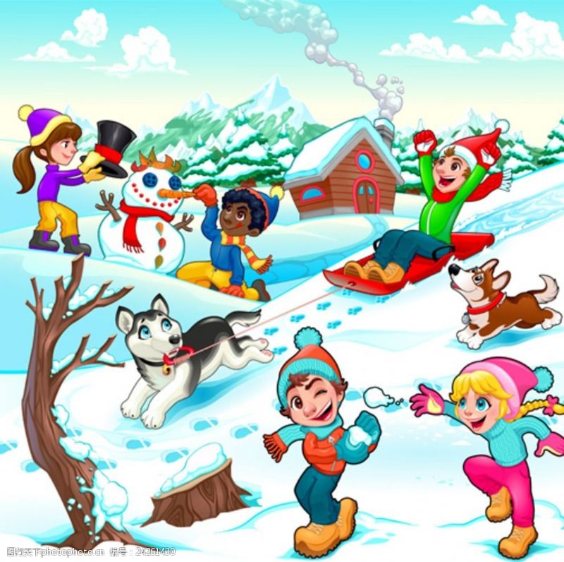 乐园宣传单卡通儿童节在雪地玩耍的孩子