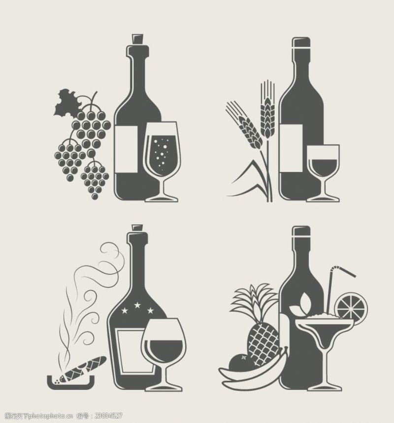 白酒瓶葡萄酒与美食图案