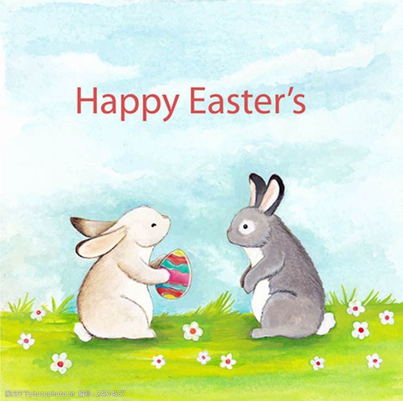 复活节狂欢手绘水彩复活节彩蛋兔子