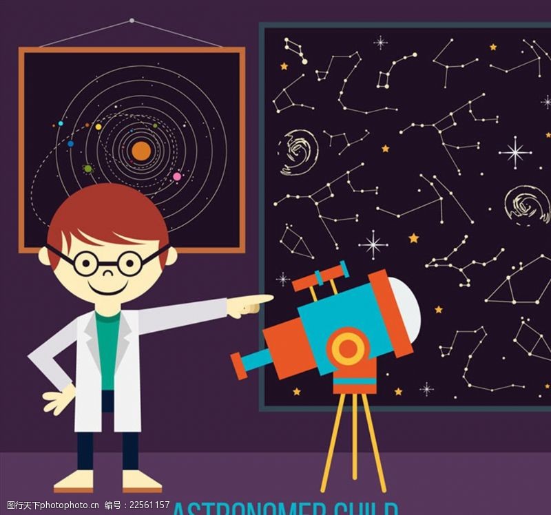 天文望远镜创意天文学儿童插画矢量素材