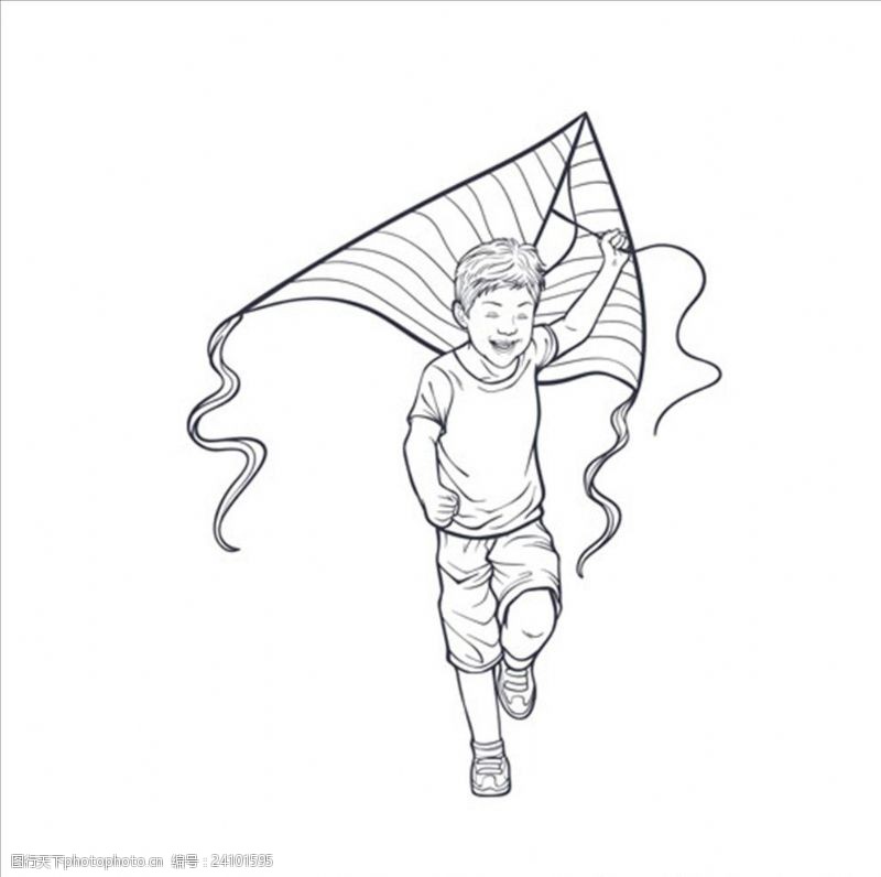 幼儿园招生宣传手绘线稿儿童节放风筝的孩子