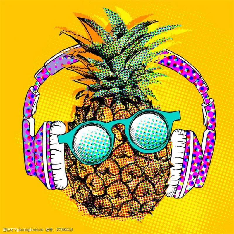 卡通菠萝矢量图戴耳机眼镜的菠萝图片