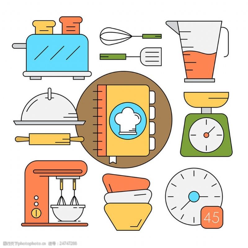 手绘线性样式厨房工具矢量元素