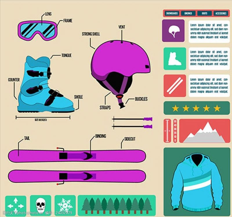 滑雪运动卡通滑雪配件信息图表