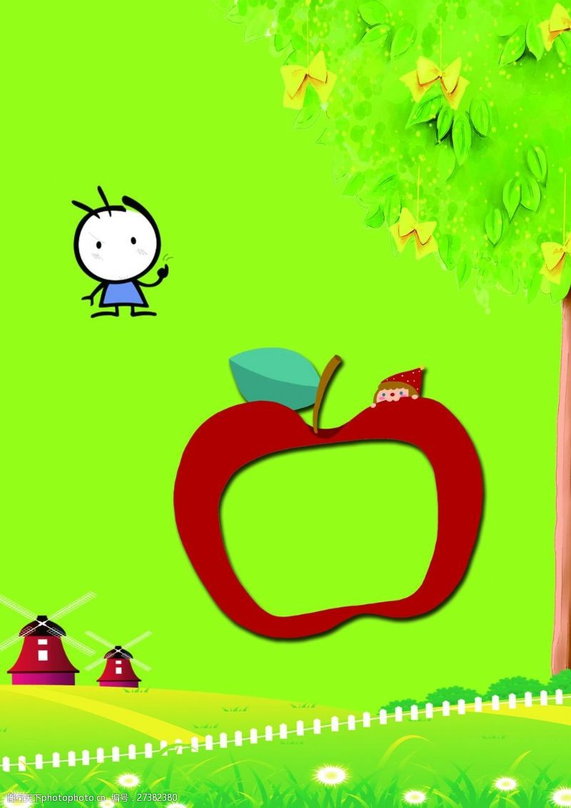 幼儿园宣传卡通绿色苹果电视PSD