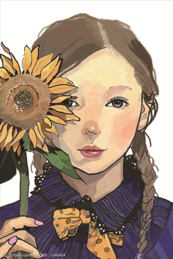 辫子女孩手绘女孩与向日葵