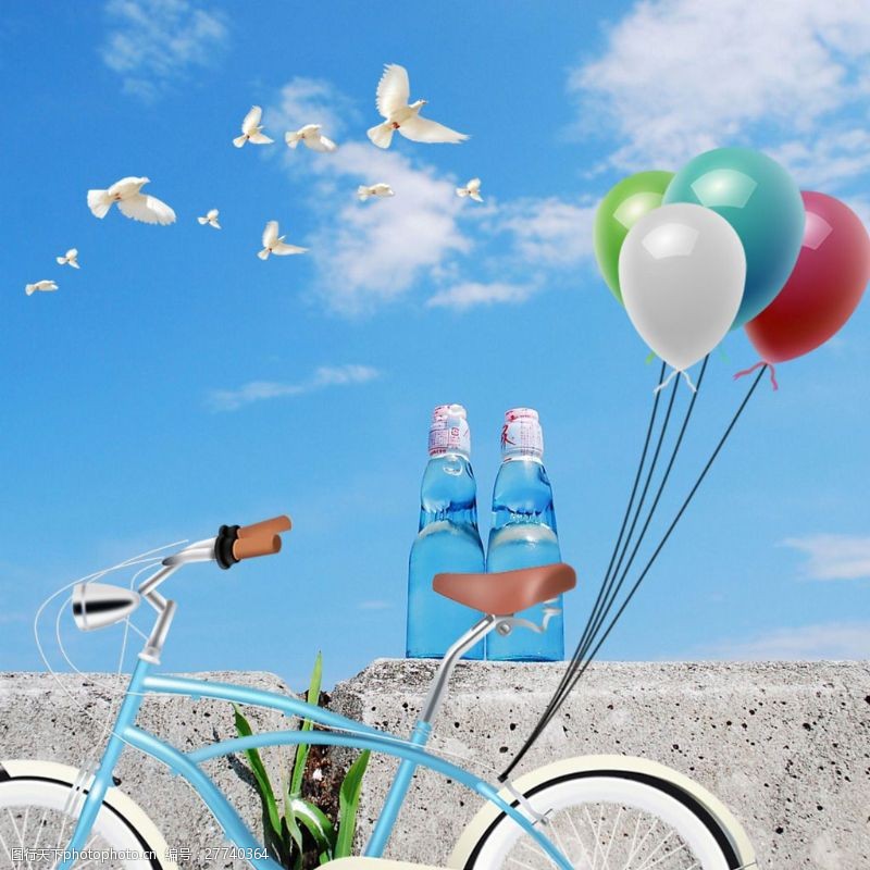 蓝天白云鸽子自行车气球素材