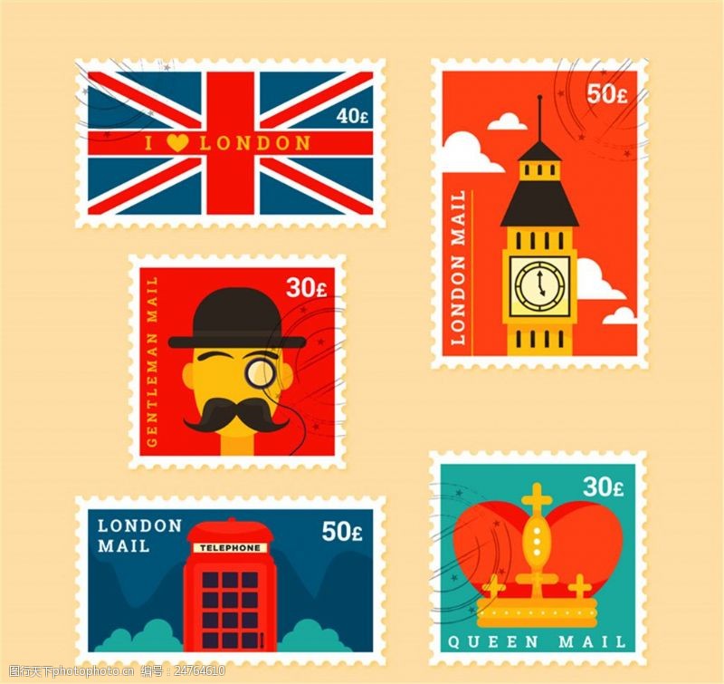 英式电话亭5款英国元素邮票矢量素材