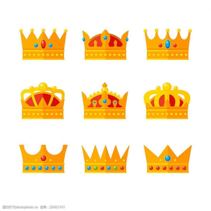 各种皇冠各种扁平风格手绘镶钻皇冠图标设计素材