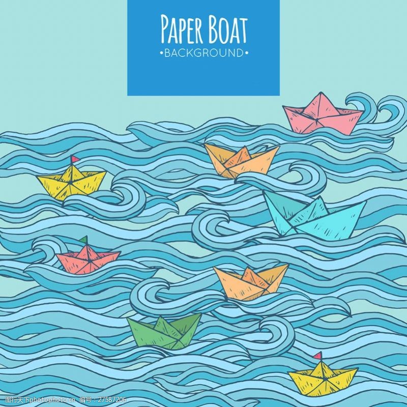 梦幻般的蓝色波浪彩色纸船背景素材