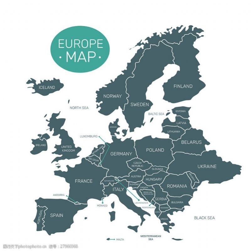 手绘扁平风格欧洲地图