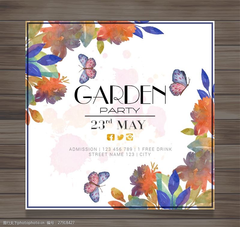 水彩花卉与蝴蝶装饰花园派对邀请卡矢量图