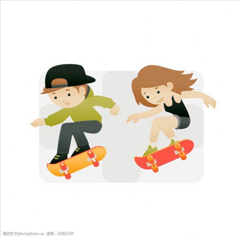 酷女孩卡通滑滑板的男女生插图