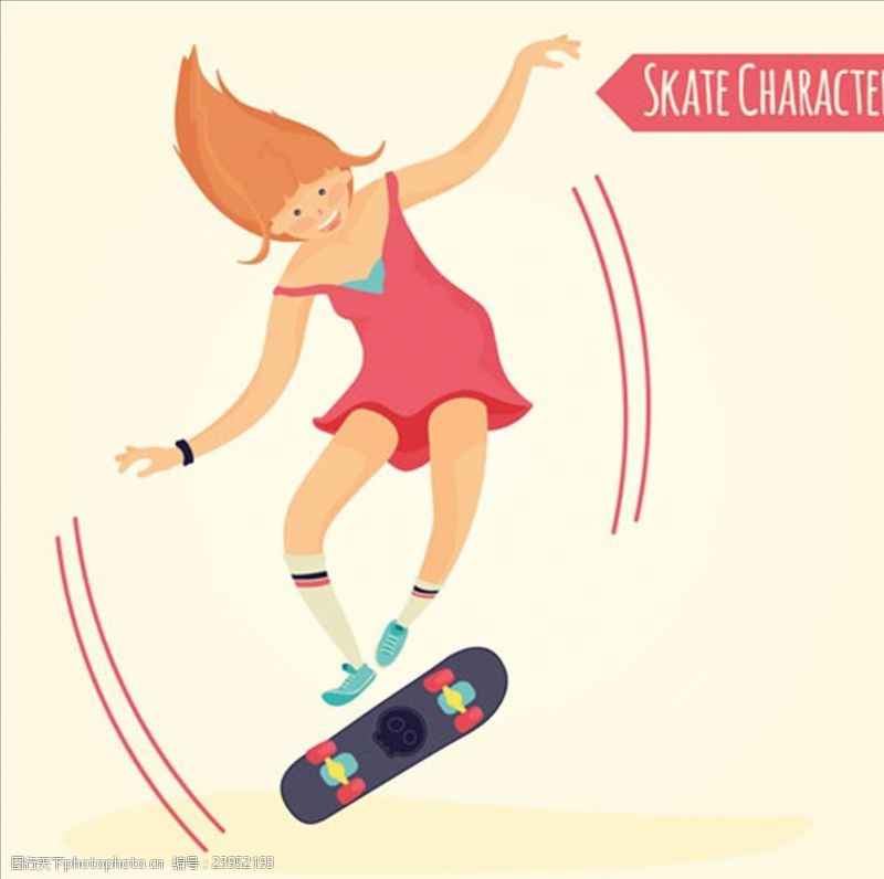 酷女孩卡通滑滑板的女孩插图