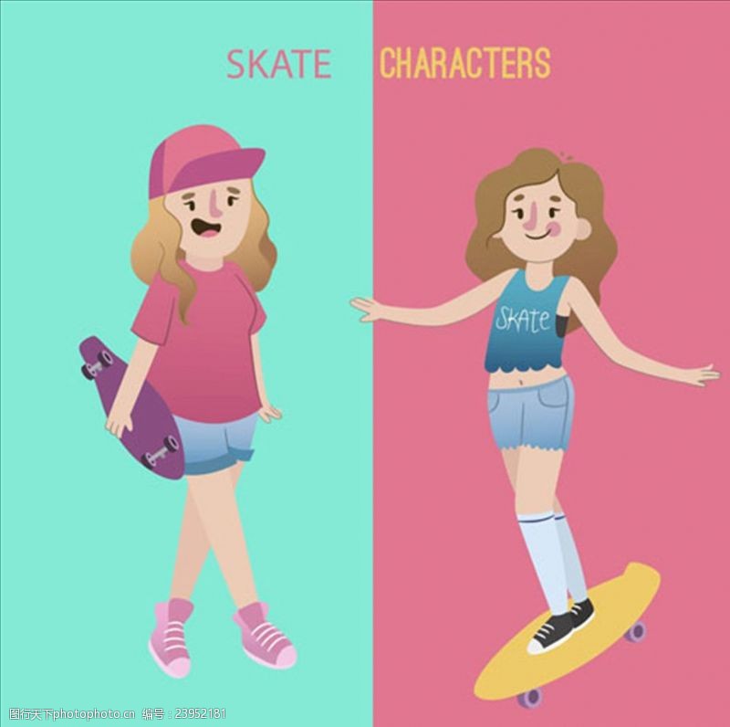酷女孩卡通滑滑板的女生插图