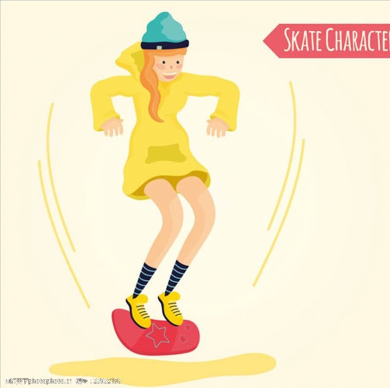 酷女孩卡通滑滑板的女生海报