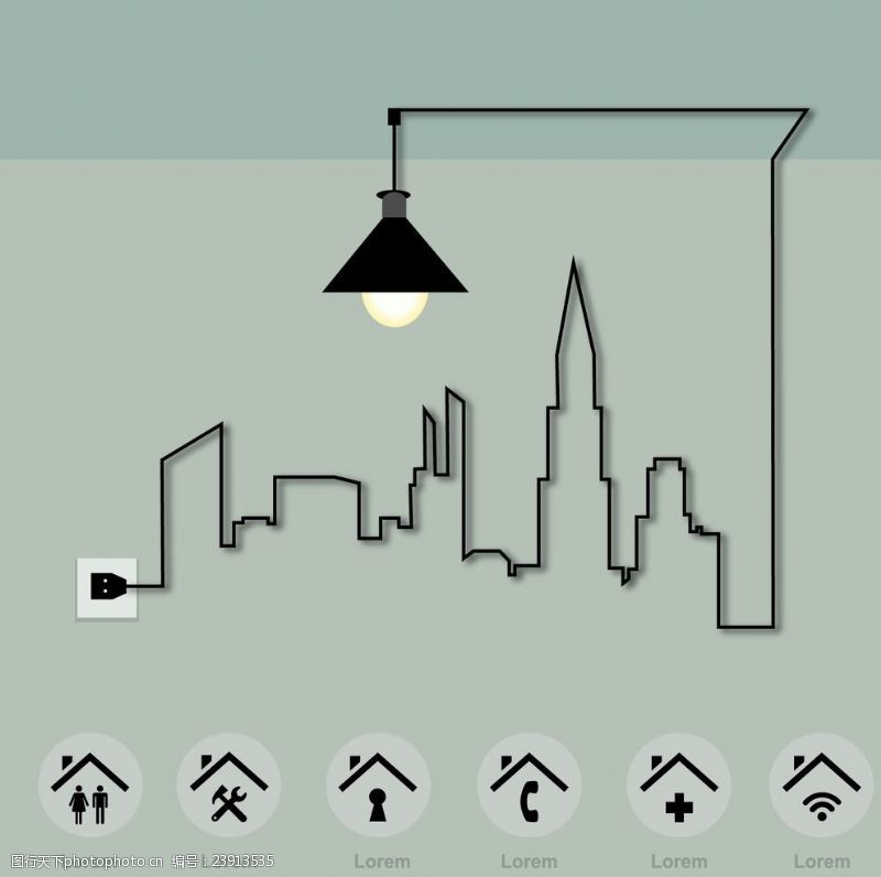 电灯泡创意图抽象城市线条路灯