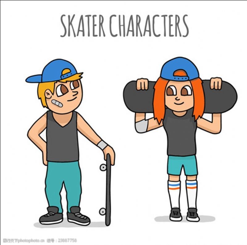 酷女孩卡通滑滑板的男女