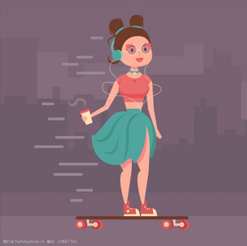 酷女孩卡通听音乐滑滑板的女子