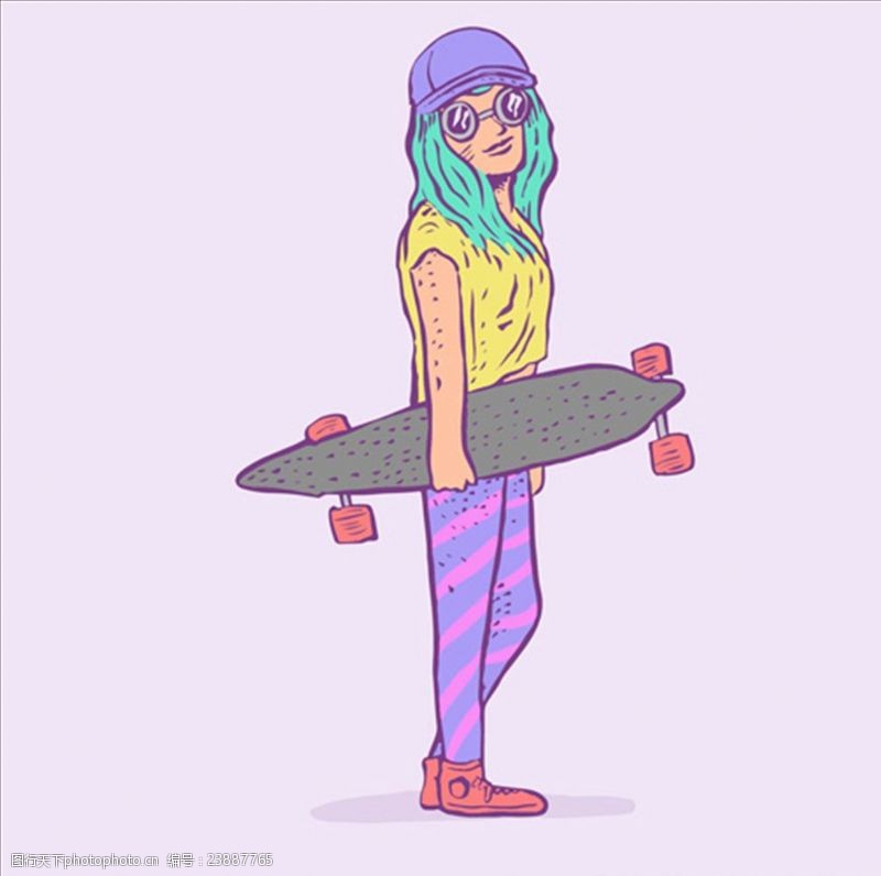 酷女孩卡通嘻哈风格滑板女生插图
