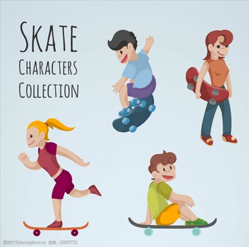 酷女孩四款卡通滑滑板的男女插图