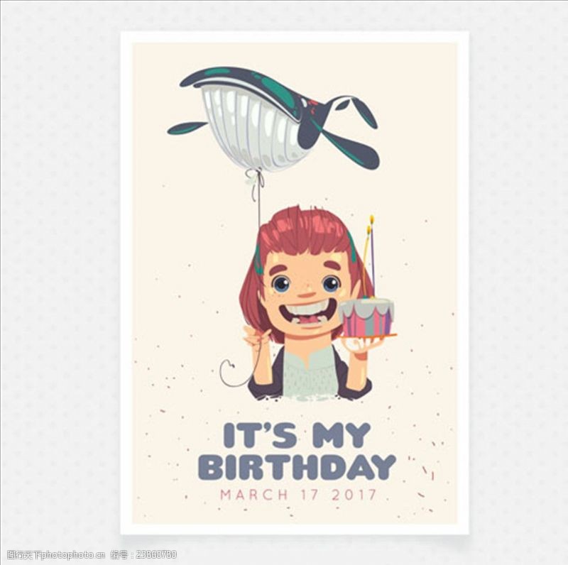 大海鲸鱼拿鲸鱼气球女孩的生日贺卡