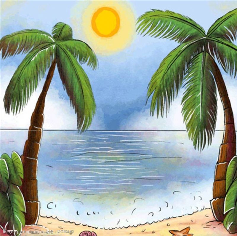 夏季风情矢量素材手绘水彩海边棕榈树风景