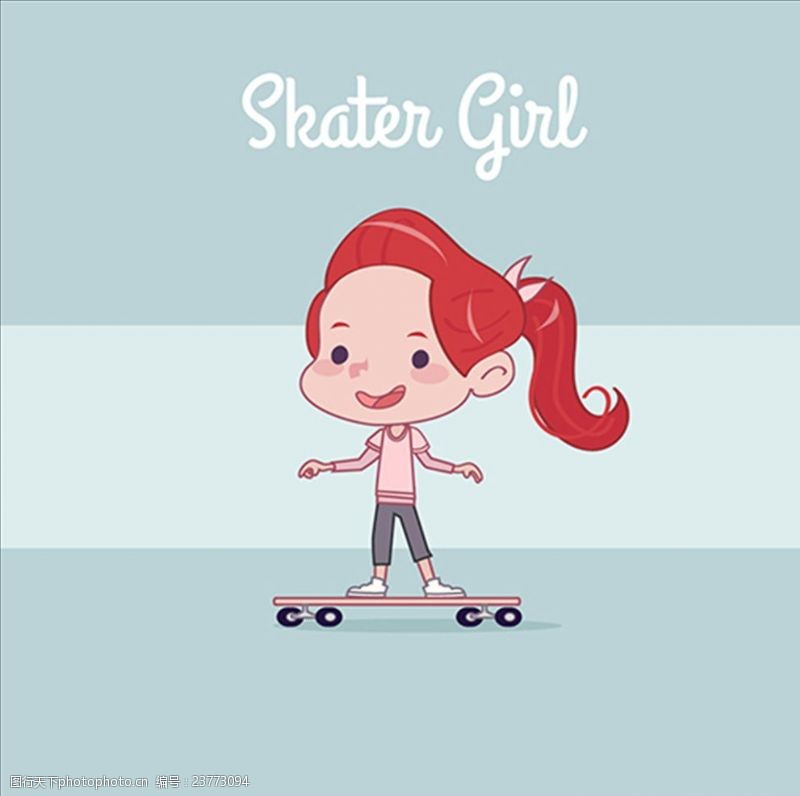 酷女孩卡通滑板女孩子插图